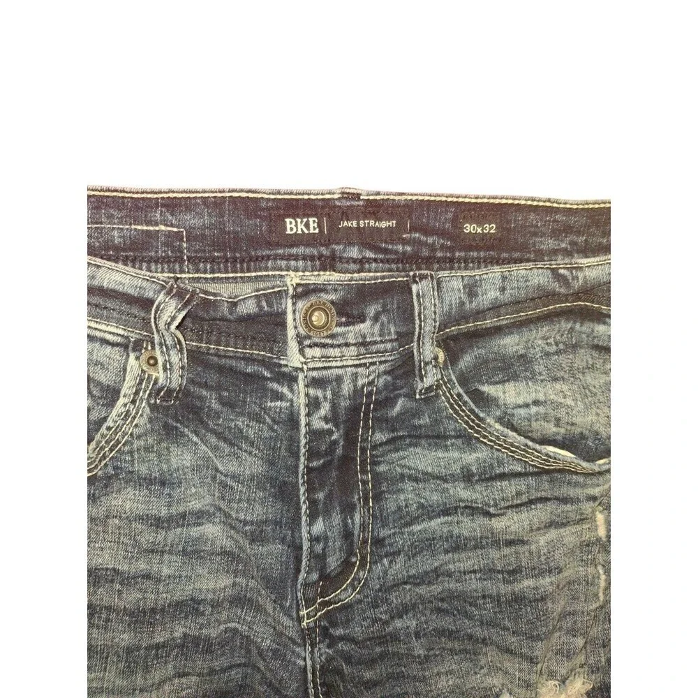 BKE Buckle Men's  Jeans Jake‎ Straight Whiskered Distressed Dark Wash Size 30x32